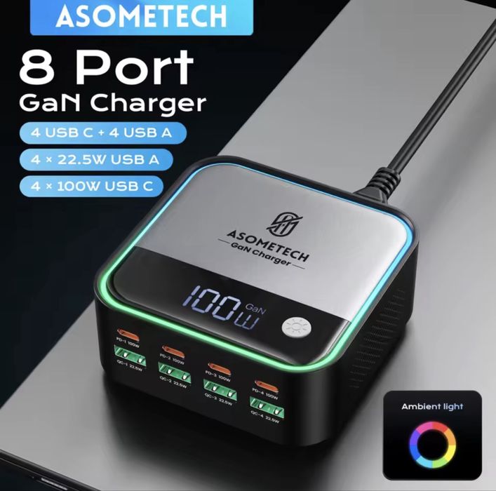 Зарядний пристрій Asometech 120W 8в1 4хType-C 4xUSB