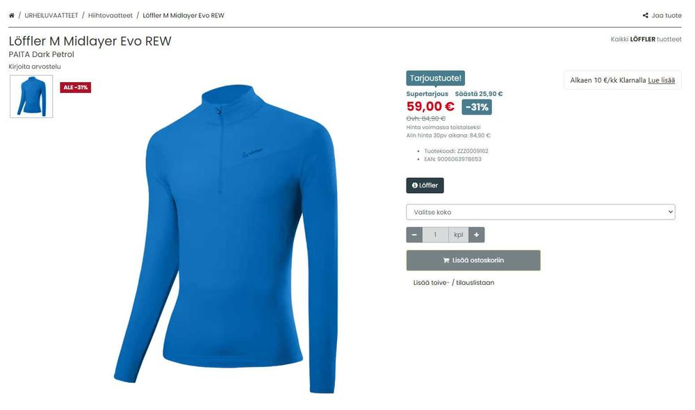 Loffler EVO REW Midlayer Half Zip 25364 Men's M - Atlantic Blue