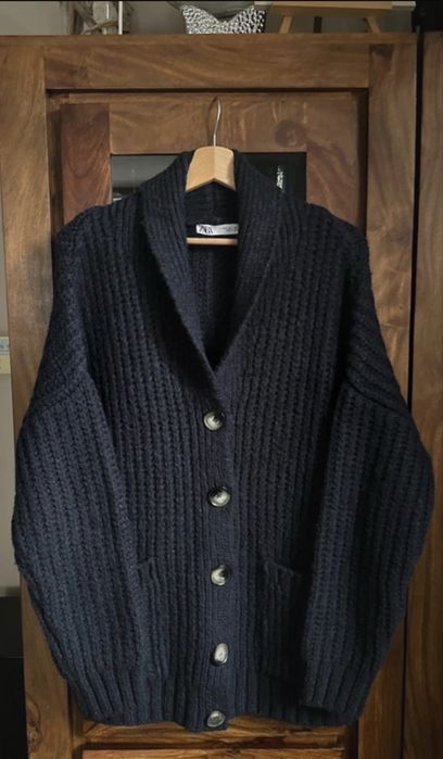 Zara granatowy rozpinany kardigan sweter wełna S M oversize