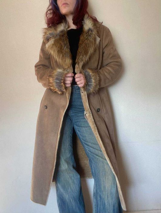 Тепла бежева дублянка штучна, вінтажне пальто, хутро, y2k,