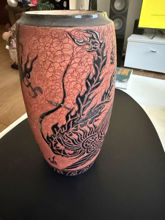 Duża ceramiczna  waza artystyczna ze smokiem lata 50 XXw