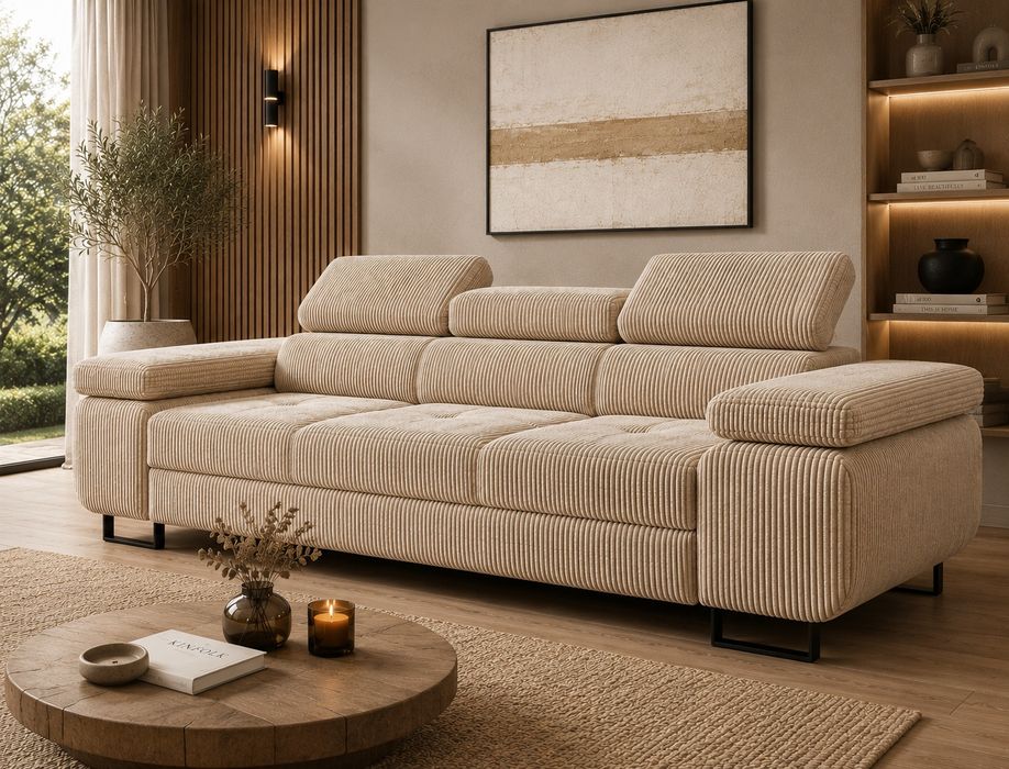Sofa rozkładana prosto od producenta regulowane zagłówki funkcja spania sztruks