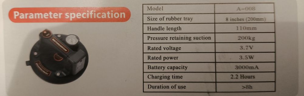Przyssawka akumulatorowa do płytek/szyb