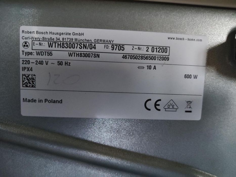 Suszarka Bosch Serie 4 z pompą ciepła – uszkodzona / do naprawy. Bosch WTH83007SN/04.