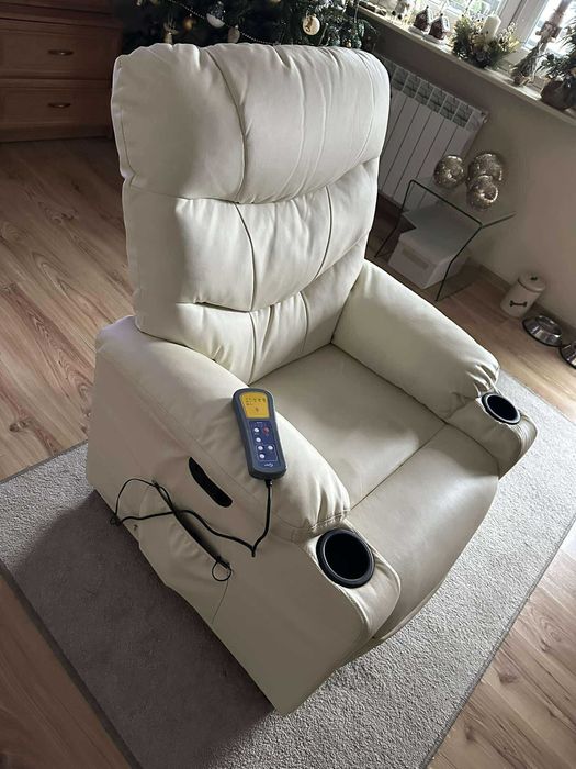 VIDAXL Fotel z masażem, elektryczny, rozkładany, kremowy