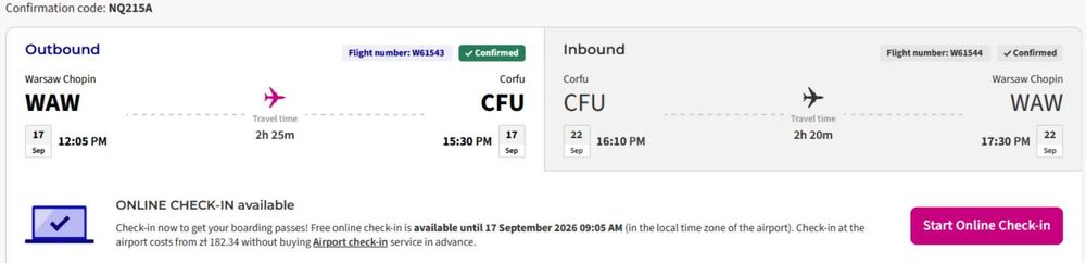 Wizz Air Warszawa–Korfu–Warszawa 17–22.09.2026 + bagaż 20 kg – 1050 zł