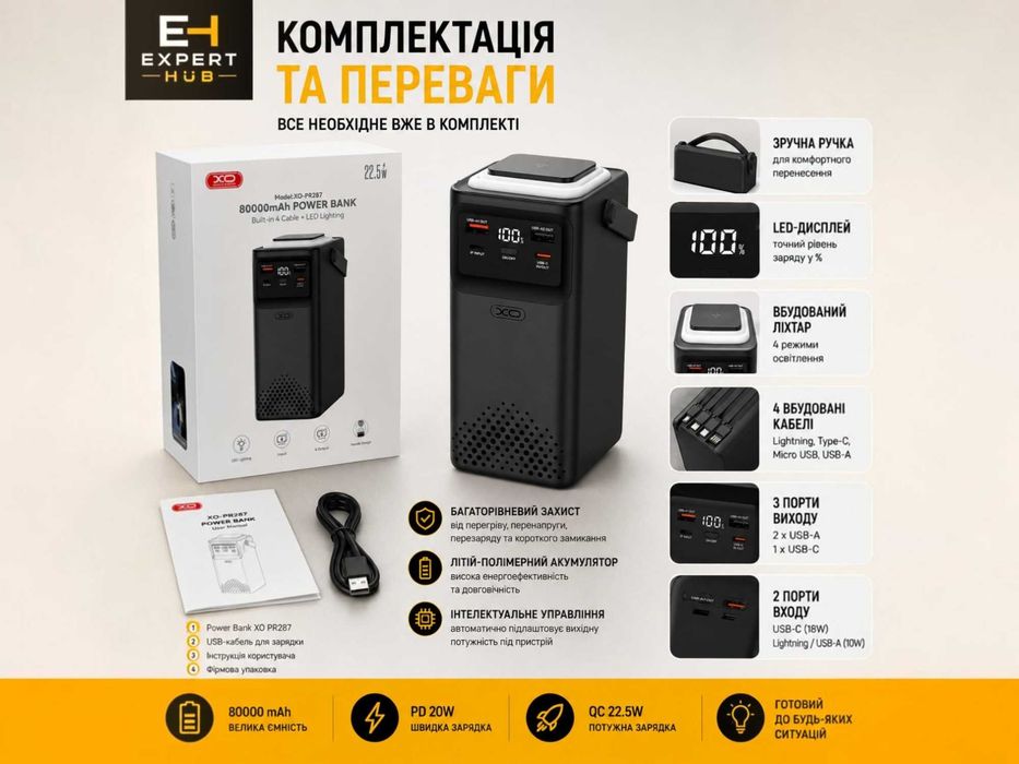 Зовнішній акумулятор XO PR287 80000mAh павербанк з ліхтариком 22.5W