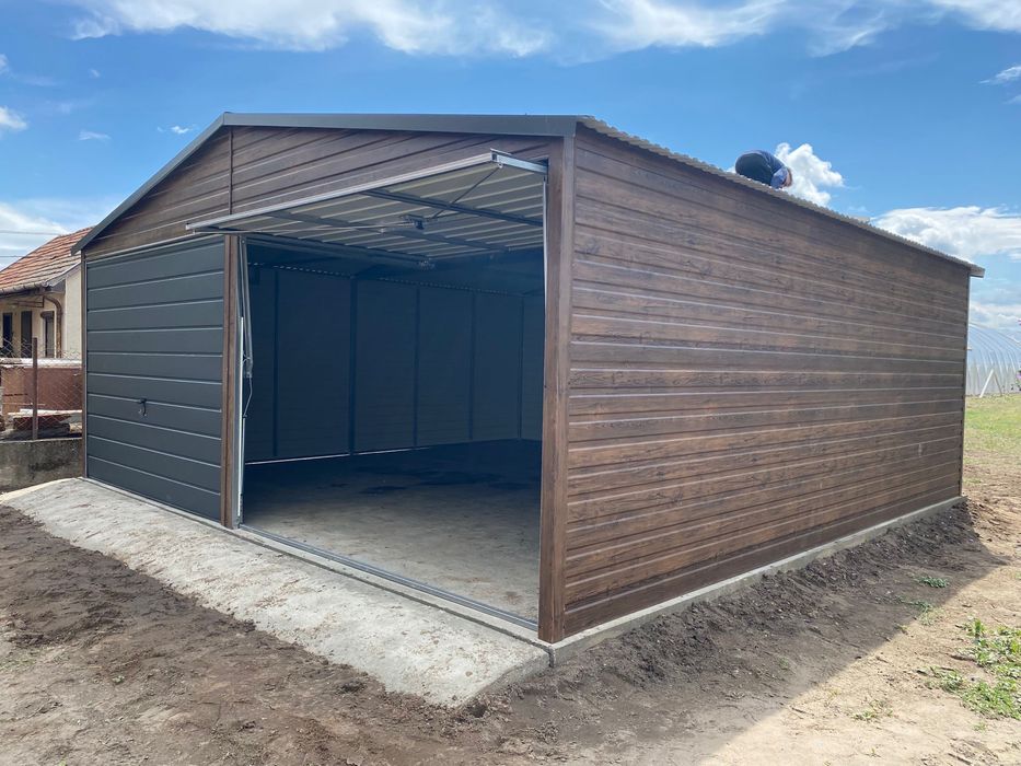 Garaż blaszany 6x5.8, drewnopodobny, orzech, antracyt. PRODUCENT.