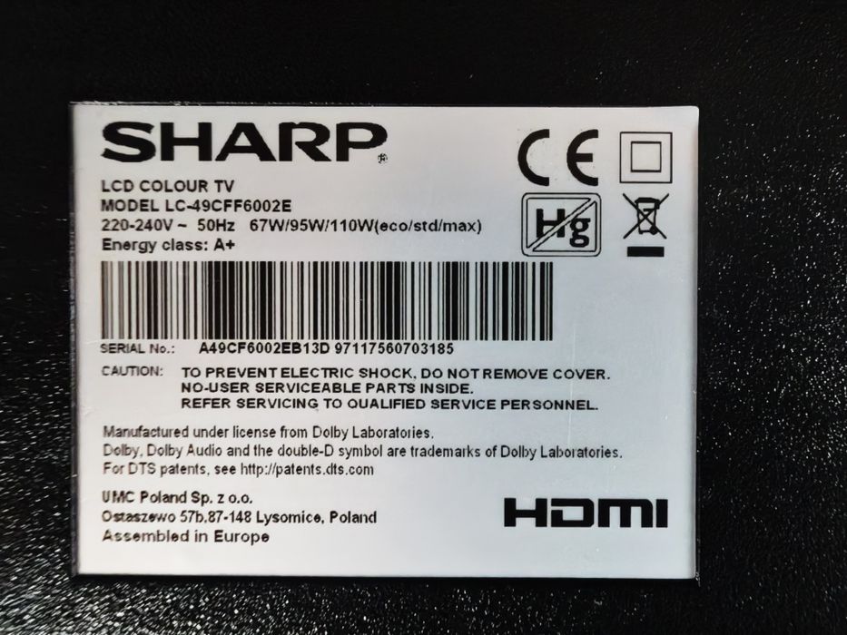 Telewizor Sharp LC 49FCC 6002E bez pilota bez nóżek