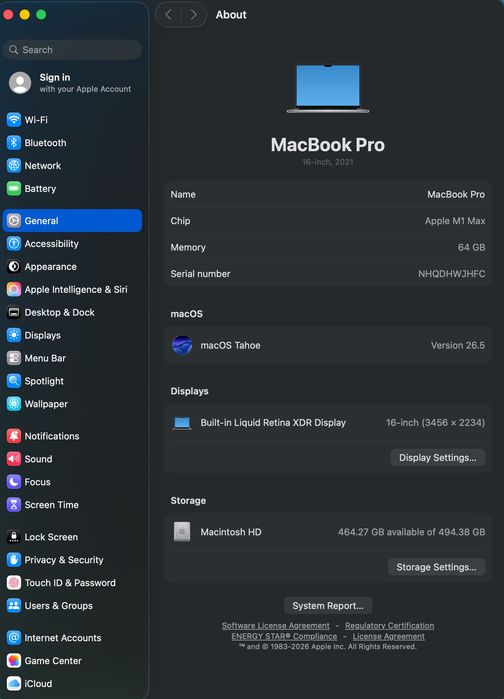 Вживаний MacBook PRO 16 M1 Max 10 CPU/ 24 GPU/ 64 RAM/ 512 GB SpaceGray