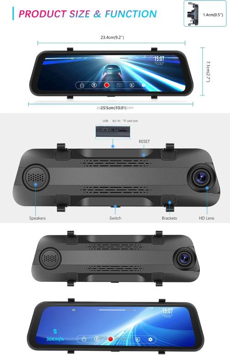 Espelho retrovisor 9,66 polegadas DashCam com 2 Câmaras 4K HD DVR NOVO