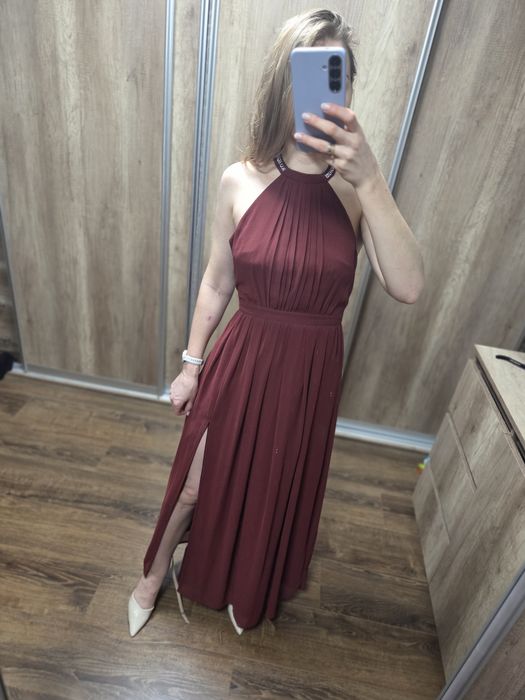 NLY EVE sukienka maxi wesele z rozporkiem burgundowa bordo
