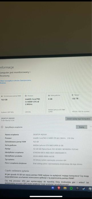 Komputer gamingowy gtx 1660 super 16GB ram