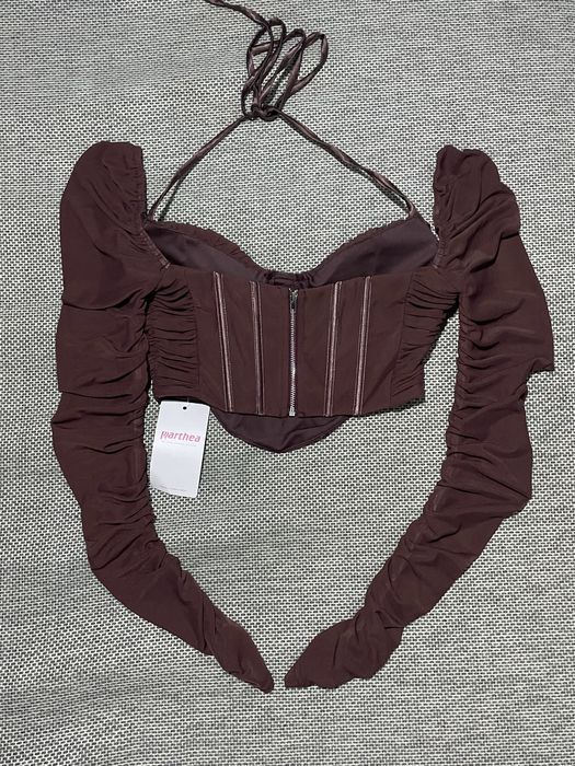 Коричневий корсетний топ з довгими сітчастими рукавами, xs