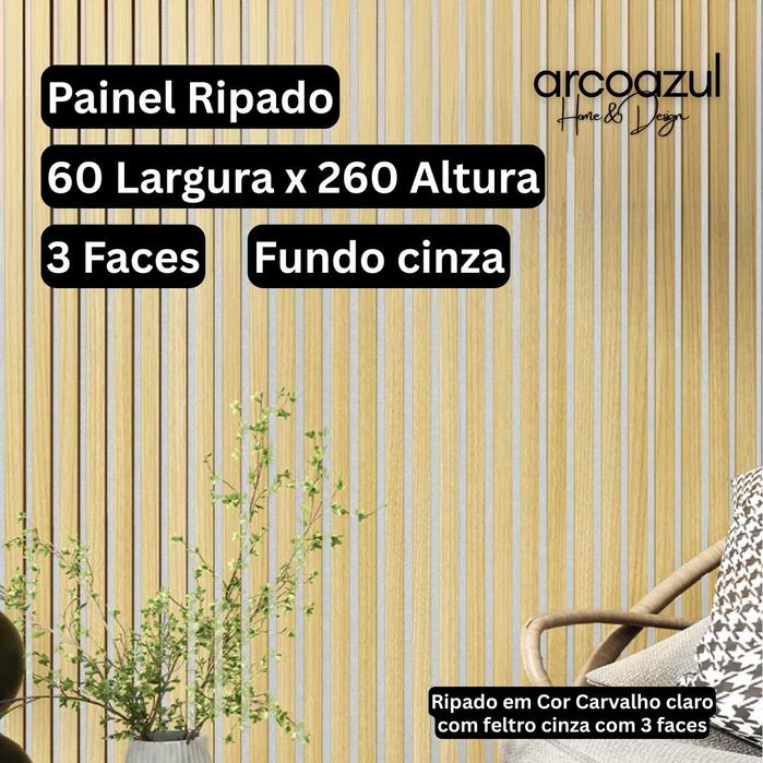 Painel Ripado carvalho com fundo cinza 260 altura  By Arcoazul Design