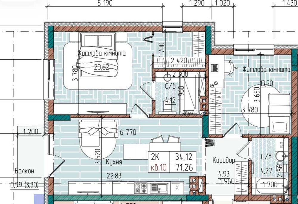 Квартира 71,26 м² | RIVEN RESIDENCE | 2 поверх | Рівненська 21А