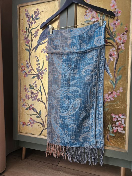 Wyjątkowy szal damski boho wzór paisley błękitny pashmina szalik