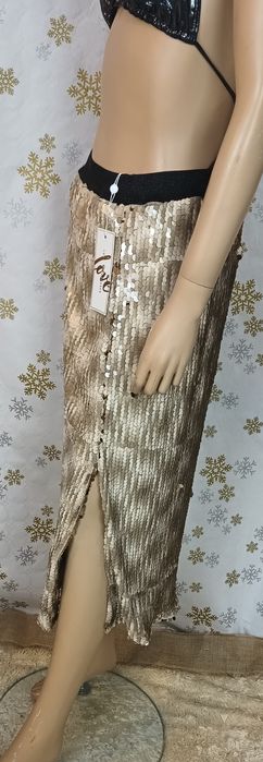 Nowa z metką spódnica długa/maxi beżowe w cekiny, Love Copenhagen M