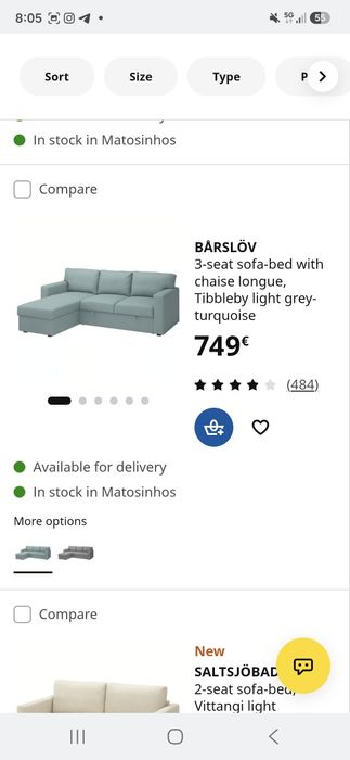 Sofá-cama IKEA BÅRSLÖV de 3 lugares com chaise longue – Excelente estado