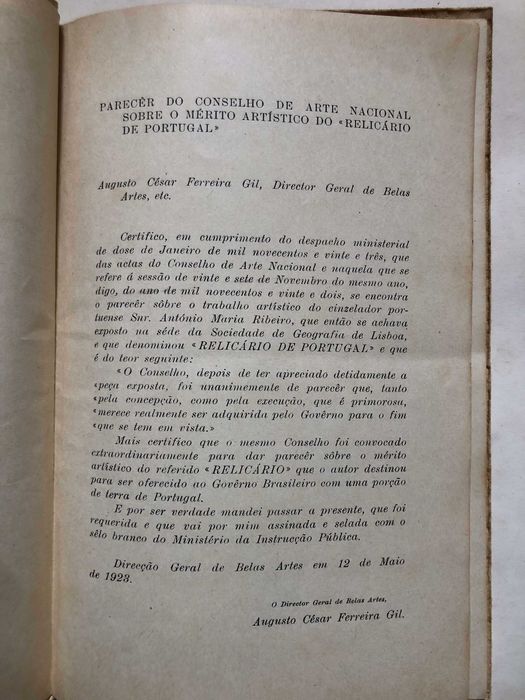 Relicario de Portugal - Parecer do Conselho de Arte Nacional