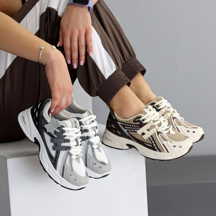 Стильні  шкіряні, сітка кросівки беж, сірі , N