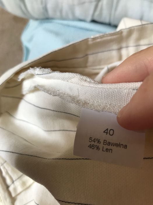 Hexeline letnie spodnie jasne w paski szerokie bawełna + len