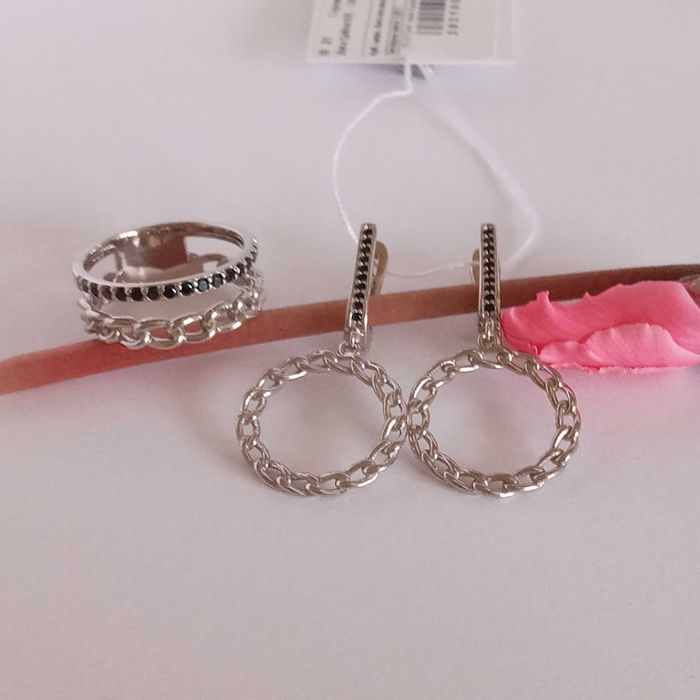Срібний набір сережки + каблучка 17.5 розмір