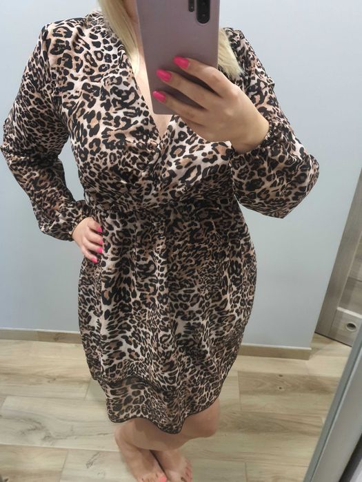 Sukienka w panterkę dekolt w kształcie litery V uniwersalna S M L XL