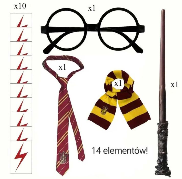14w1! zestaw akcesoria Harry Potter Hogwart czarodziej różdżka przebranie halloween
