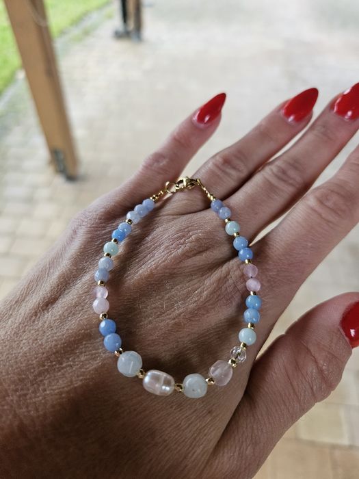 Bransoletka kamienie naturalne Larimar Perła naturalna Kryształ Jadeit