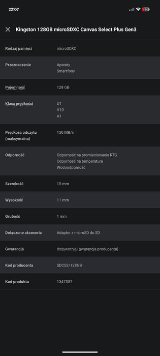 Kingston  128GB microSDXC 150MB/s C10 UHS-I U1 z adapterem bardzo szybka