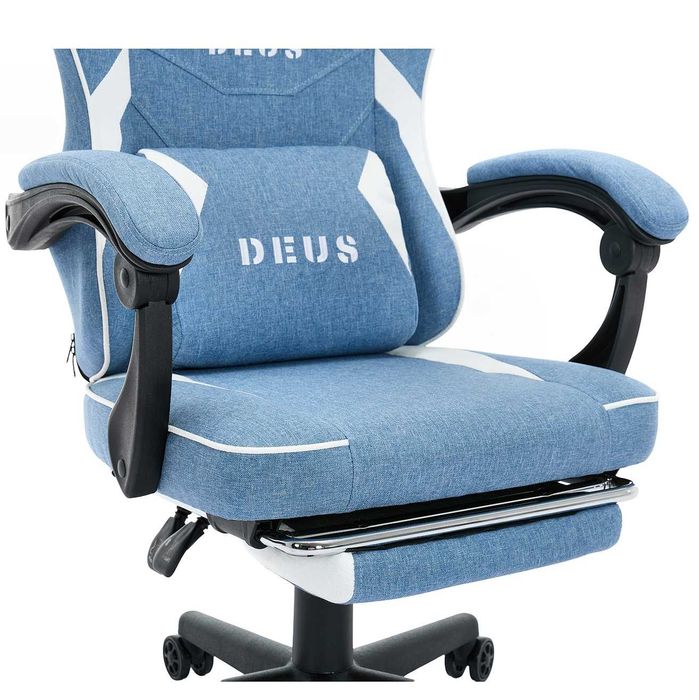 Fotel Gamingowy z podnóżkiem DEUS Edge Light Blue, tkanina