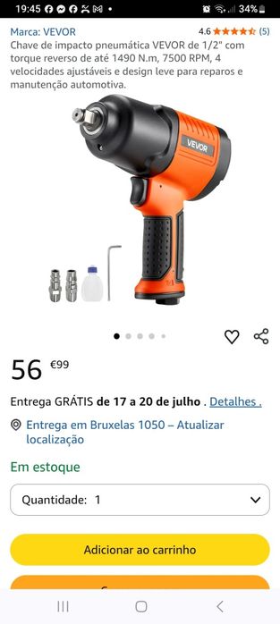 Chave de Impacto Pneumática VEVOR 1/2" (Nova) - 1490 N.m