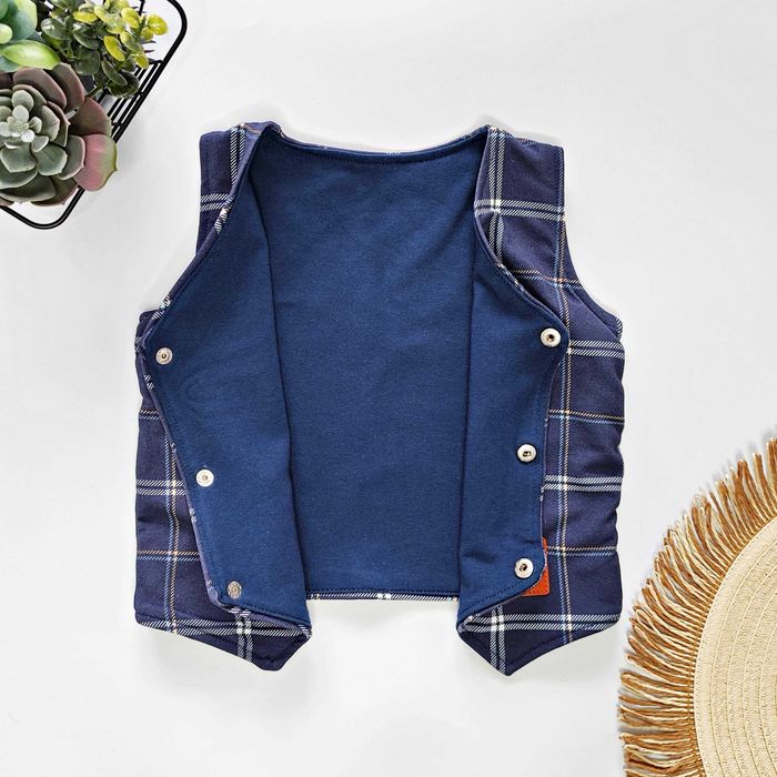 Elegancka chłopięca KAMIZELKA bawełniana granatowa krata garnitur 98