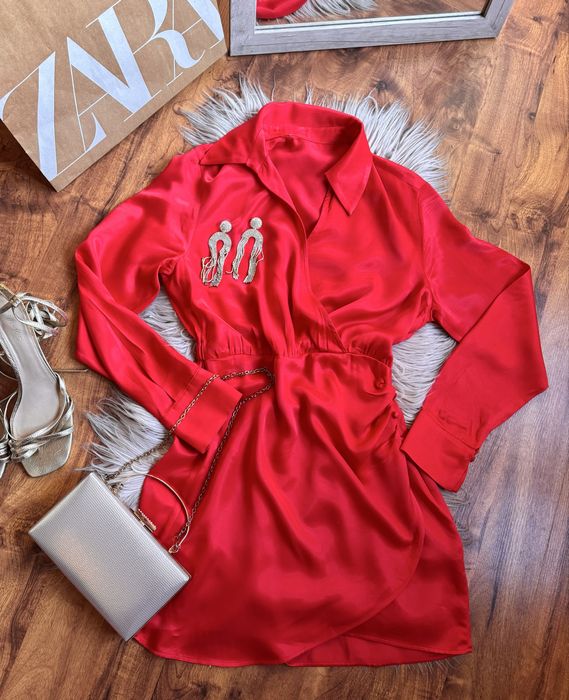 Czerwona Elegancka sukienka satynowa 38 okazje święta długi rękaw M