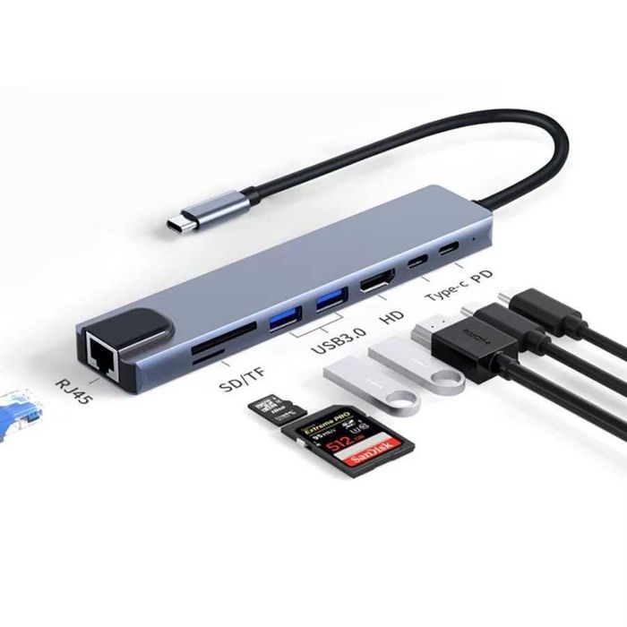 USB-C HUB 8в1 | HDMI 4K + LAN + PD | Для MacBook / Ноутбука / Телефона | Перевірено