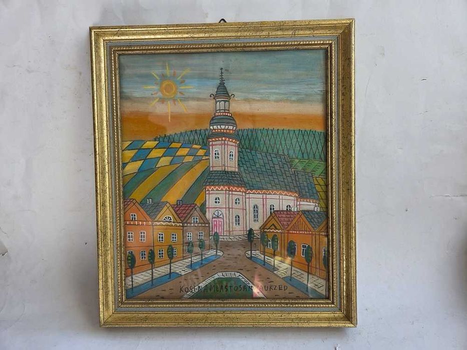 Stary obraz akwarela widok miasta z kościołem Nikifor (35 x 30 cm)