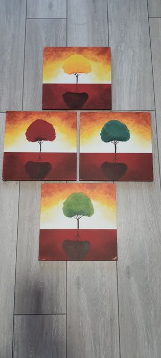 Tryptyk 4 obrazy drzewo odręcznie malowane
