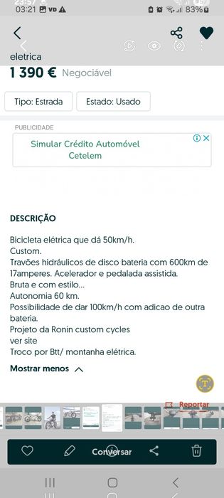 Bicicleta chopper  eléctrica  que da 50km por hora