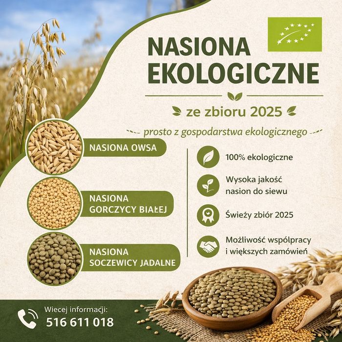 Owies, gorczyca biała, soczewica jadalna-nasiona ekologiczne.