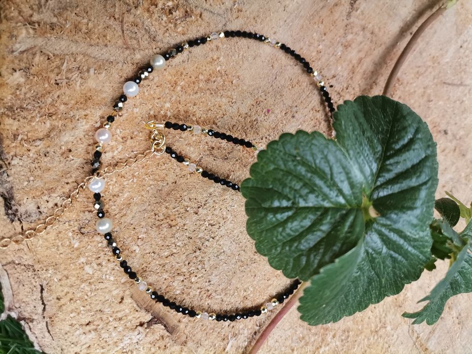 Naszyjnik choker na lince kryształ górski srebro 925 perły seashell