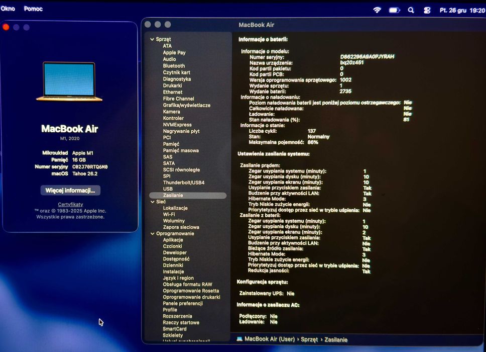 MacBook Air M1 16GB/256GB  stan jak nowy