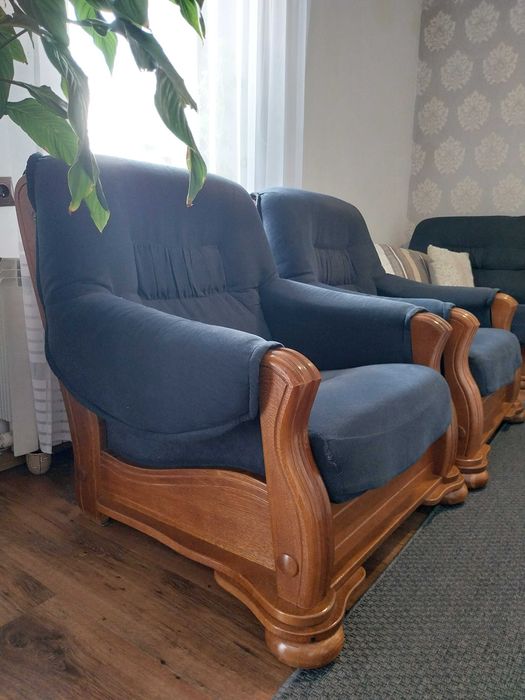 Komplet wypoczynkowy, sofa + dwa fotele, dębowe