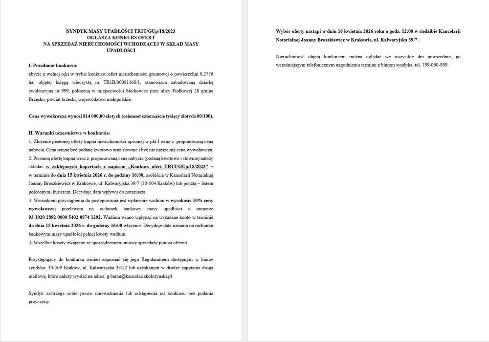 Syndyk masy upadłości - sprzedaż nieruchomości w Brzesku