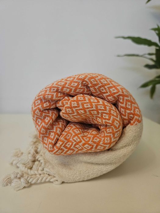 Wielofunkcyjny turecki bawełniany Peshtemal 100x180 kremowo koralowy