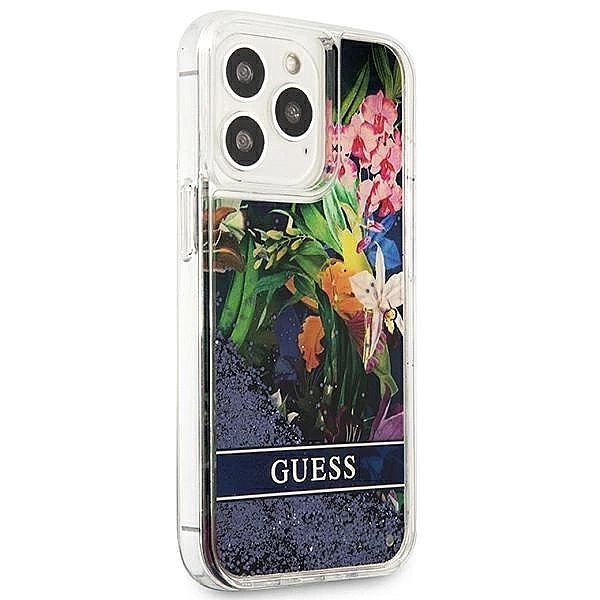 Etui Guess Flower Liquid Glitter na iPhone 13 Pro / iPhone 13 - niebie