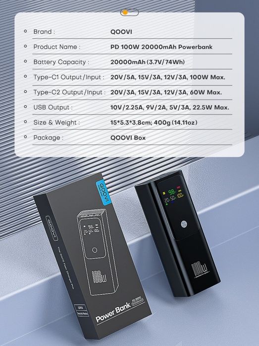 Павер банк QOOVI  100 Вт 20000 mAh
