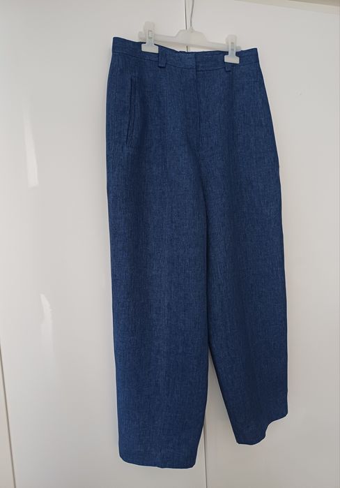 Massimo Dutti lniane spodnie szerokie barrel granatowe niebieskie letnie 100% len