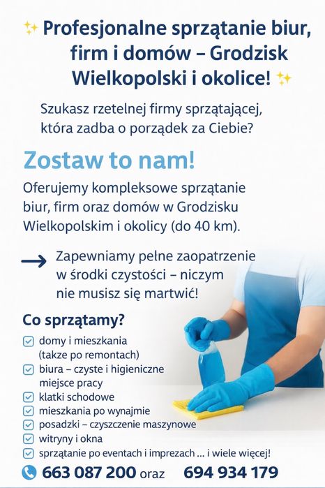 Kompleksowe usługi sprzątania domów, biur i mieszkań.