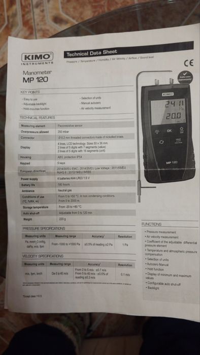 KIMO MP 120 дифференциальный манометр (микроманометр)